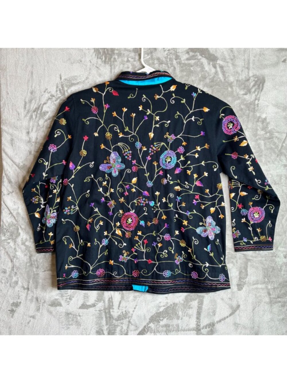 The Quacker Factory Womens Black Embroidered Floral Jacket 1X 100% Cotton Long S - Picture 3 of 8
